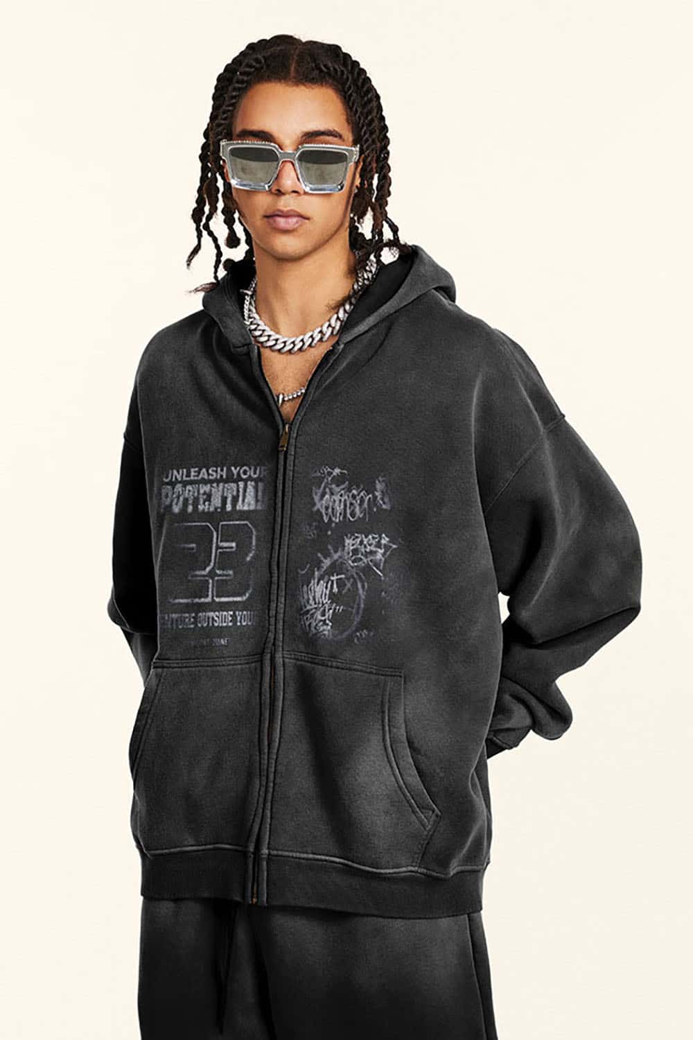 High Street Vintage Print Fleece-Lined Zip-Up Hoodie