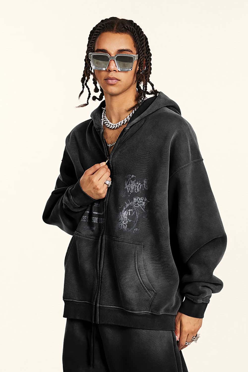 High Street Vintage Print Fleece-Lined Zip-Up Hoodie
