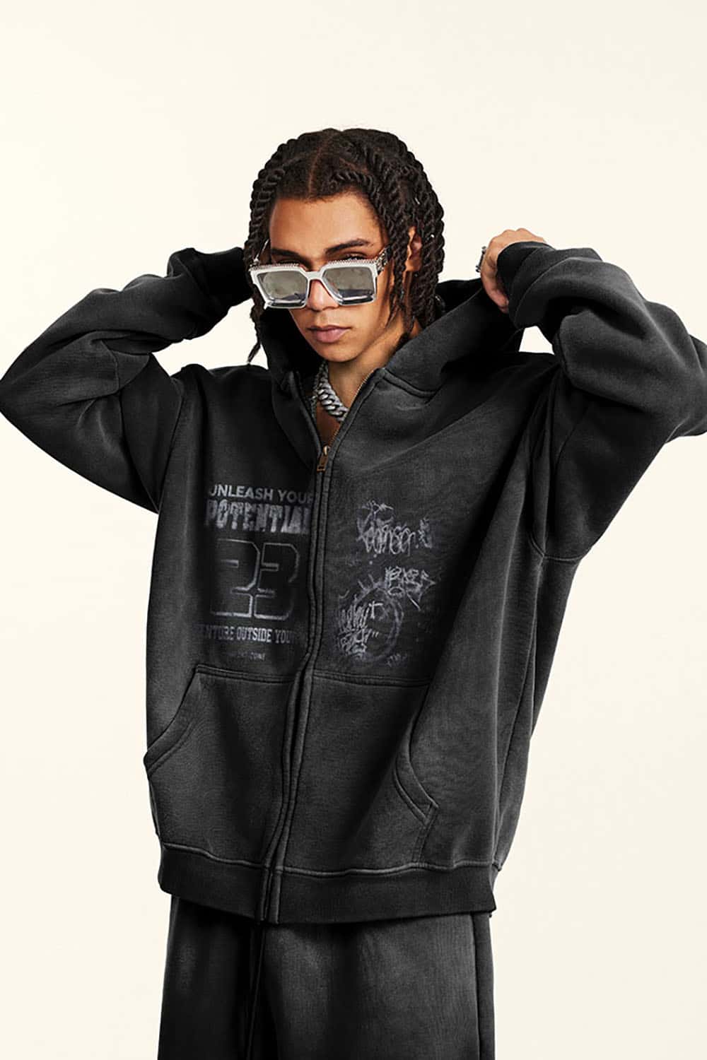 High Street Vintage Print Fleece-Lined Zip-Up Hoodie