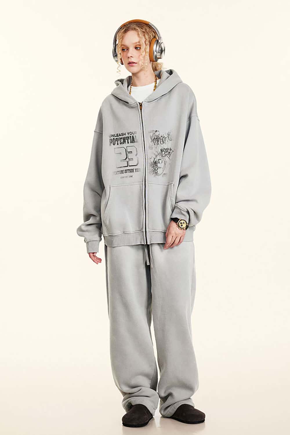 High Street Vintage Print Fleece-Lined Zip-Up Hoodie