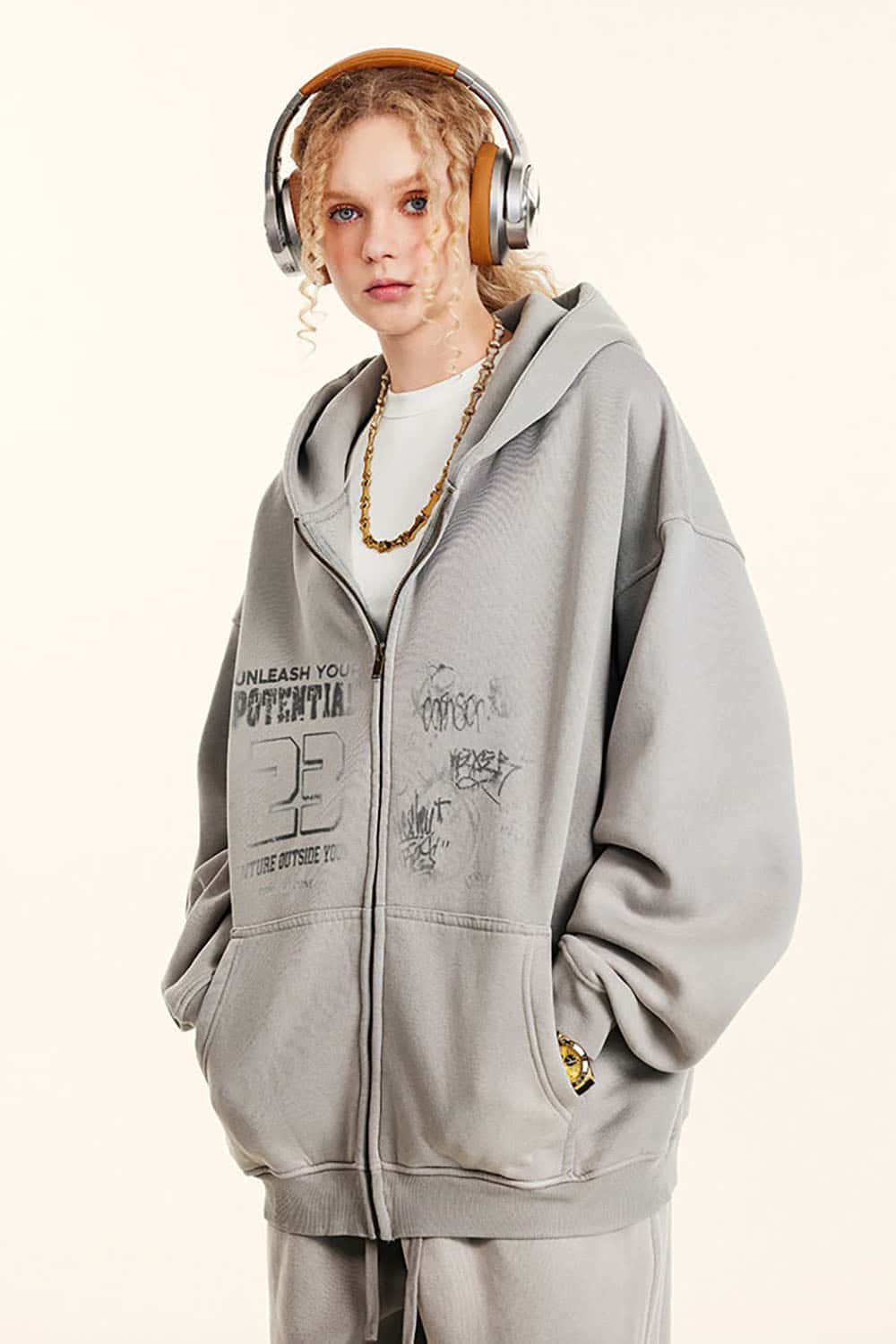 High Street Vintage Print Fleece-Lined Zip-Up Hoodie
