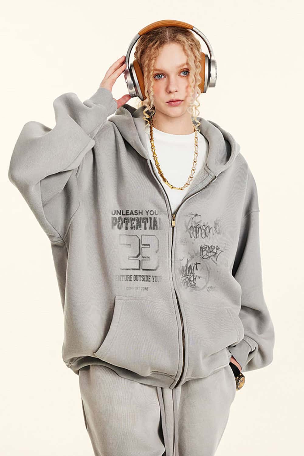 High Street Vintage Print Fleece-Lined Zip-Up Hoodie