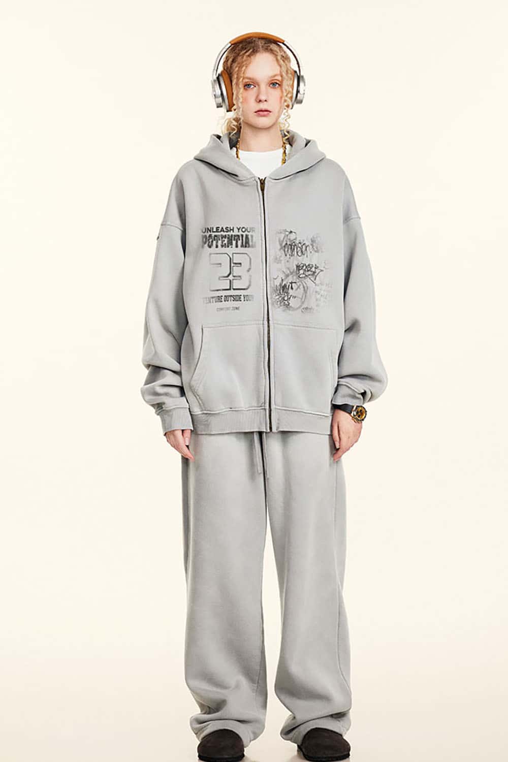 High Street Vintage Print Fleece-Lined Zip-Up Hoodie