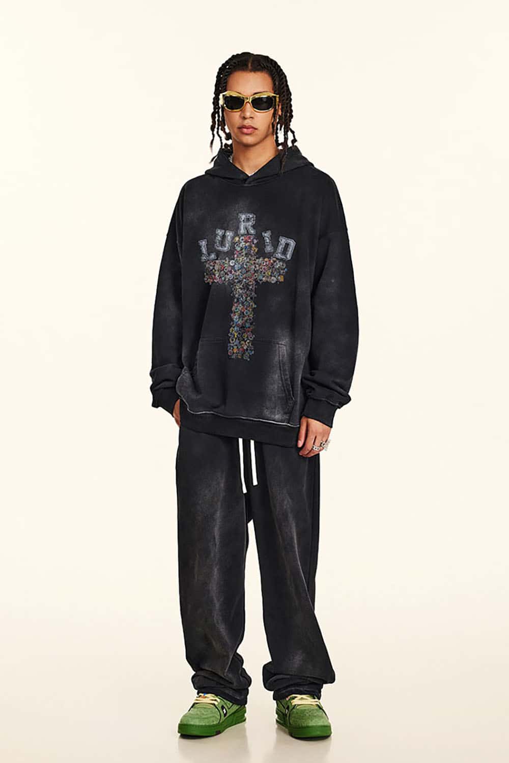 Vintage Washed Print Cross Graphic Oversized Hoodie