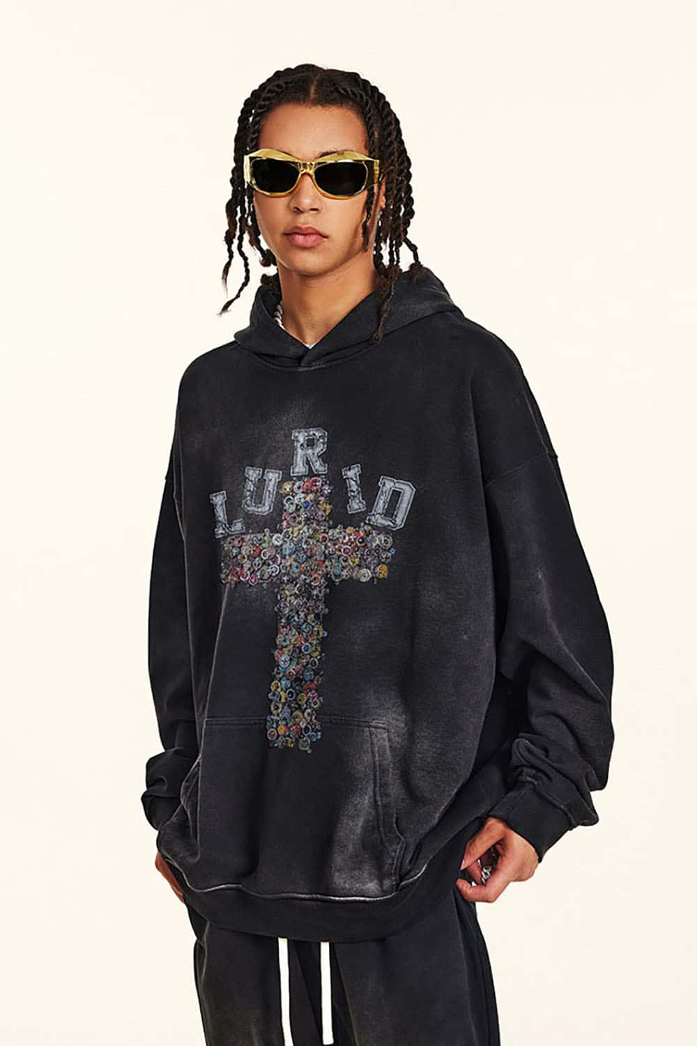 Vintage Washed Print Cross Graphic Oversized Hoodie