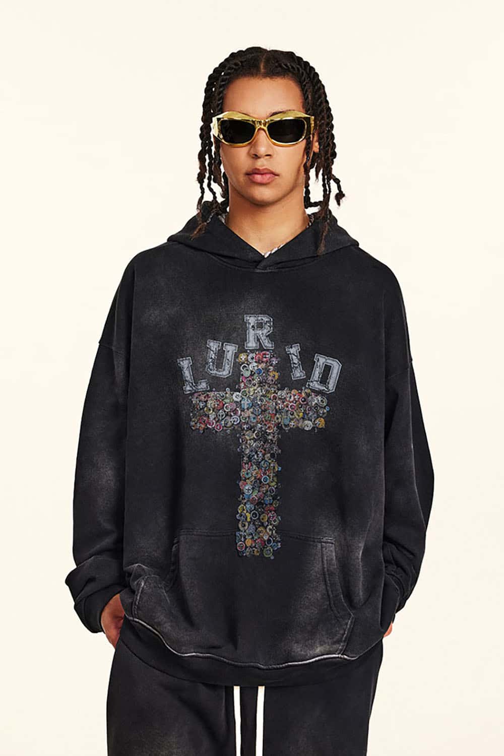 Vintage Washed Print Cross Graphic Oversized Hoodie