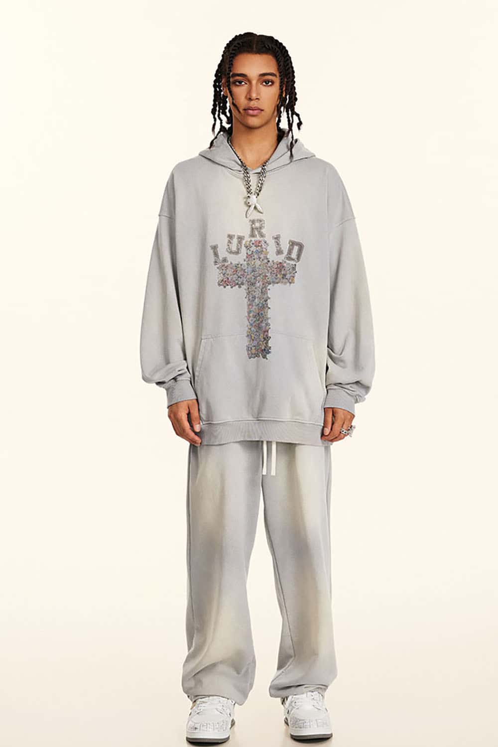 Vintage Washed Print Cross Graphic Oversized Hoodie