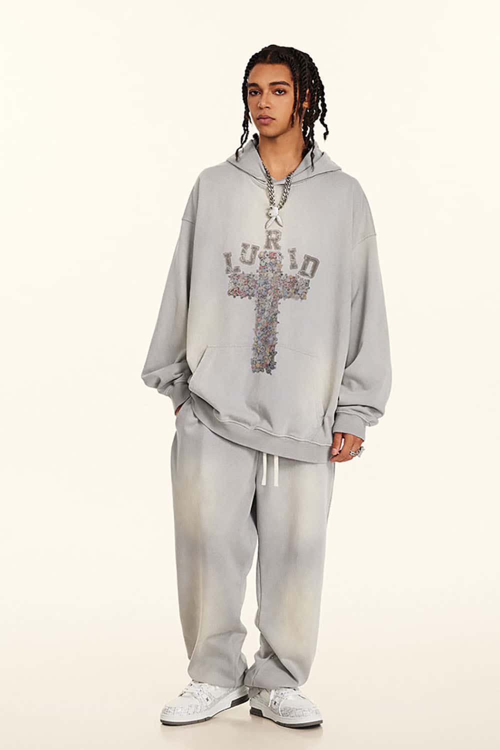 Vintage Washed Print Cross Graphic Oversized Hoodie