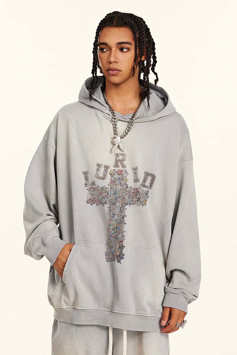 Vintage Washed Print Cross Graphic Oversized Hoodie