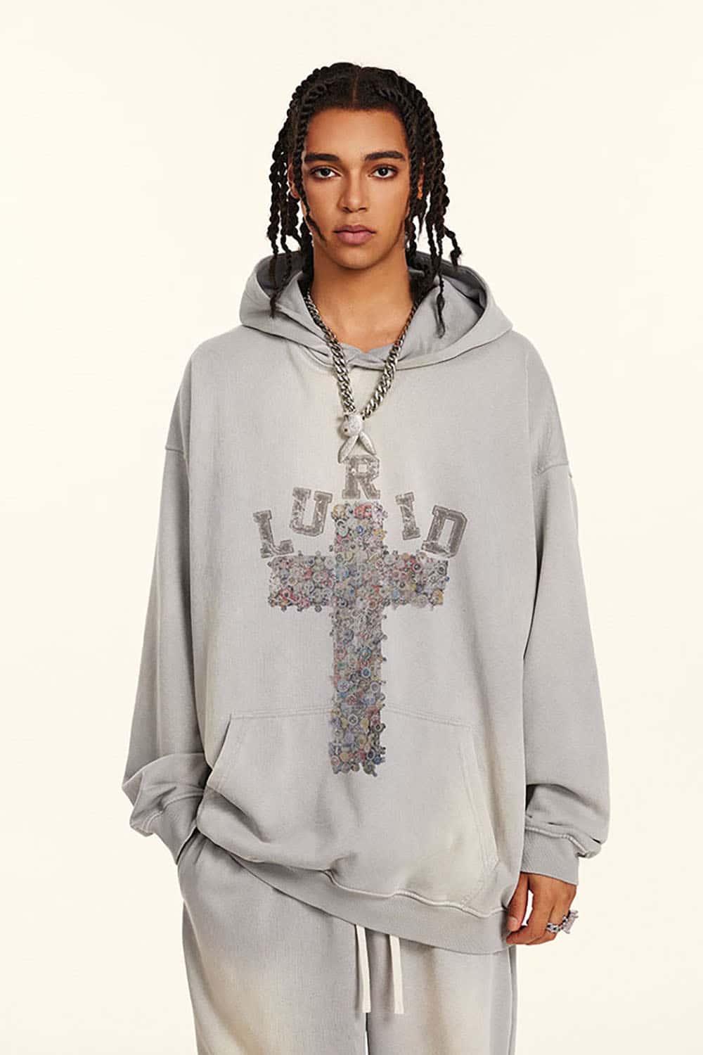 Vintage Washed Print Cross Graphic Oversized Hoodie