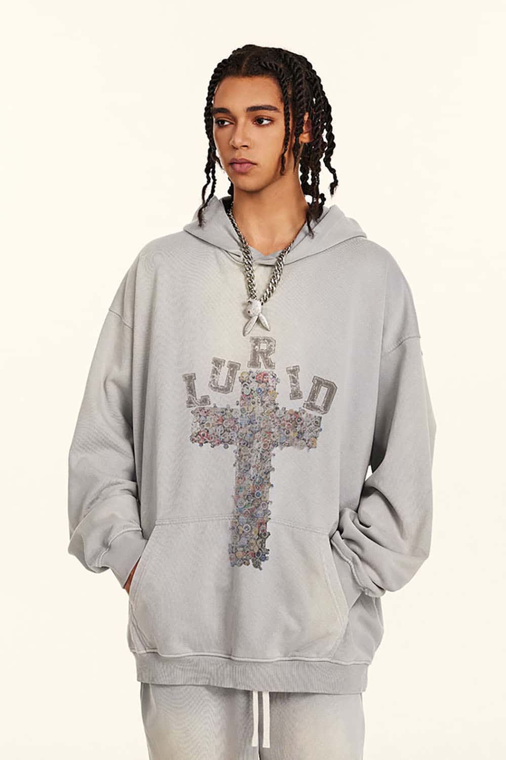 Vintage Washed Print Cross Graphic Oversized Hoodie