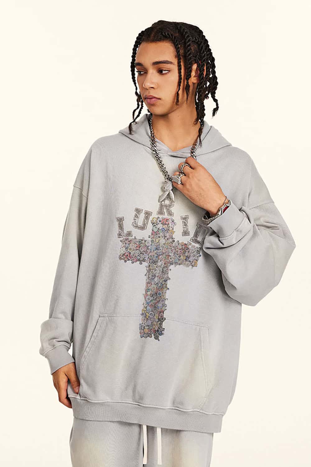 Vintage Washed Print Cross Graphic Oversized Hoodie
