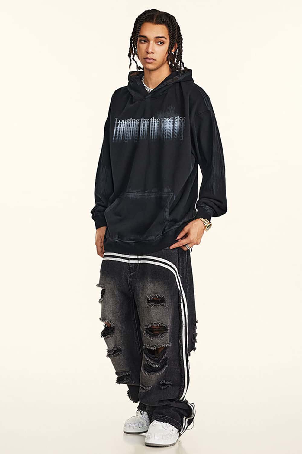 High Street Drop Shoulder Hoodie with Loose Fit and Blurred Print for Couples