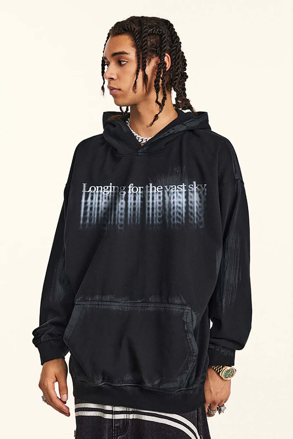 High Street Drop Shoulder Hoodie with Loose Fit and Blurred Print for Couples