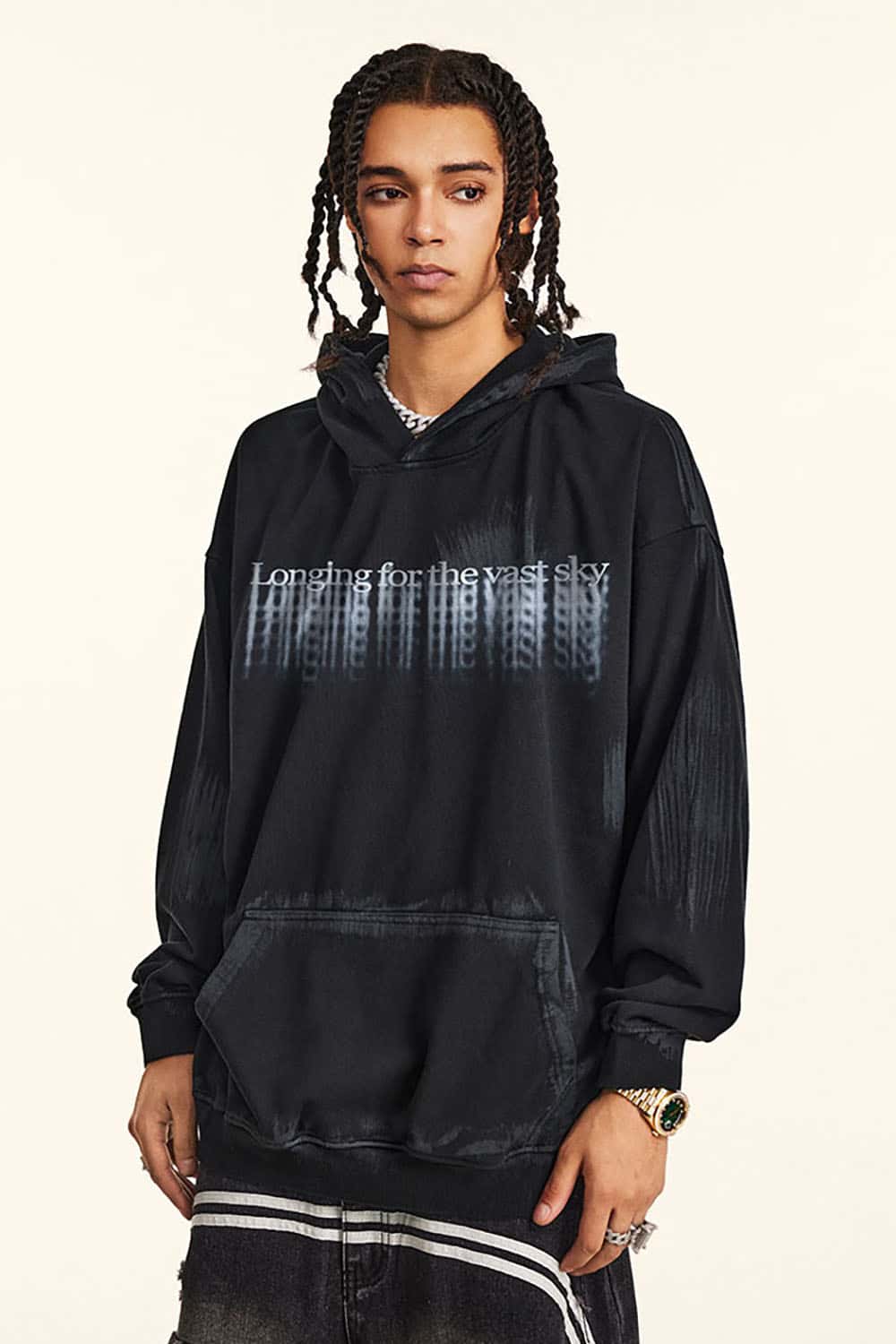 High Street Drop Shoulder Hoodie with Loose Fit and Blurred Print for Couples