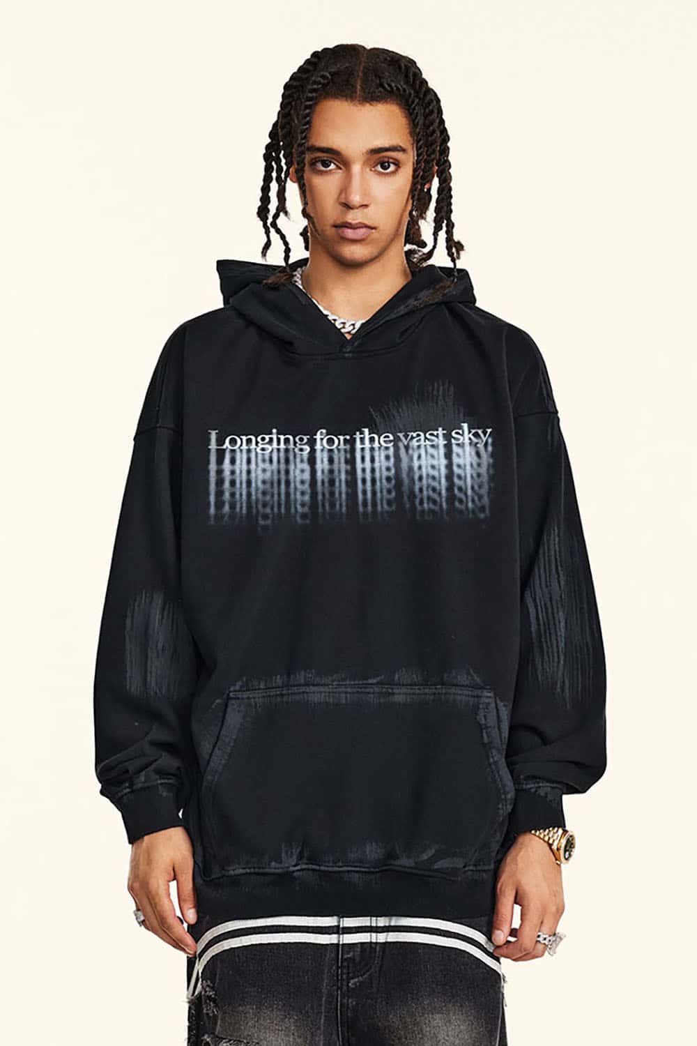 High Street Drop Shoulder Hoodie with Loose Fit and Blurred Print for Couples