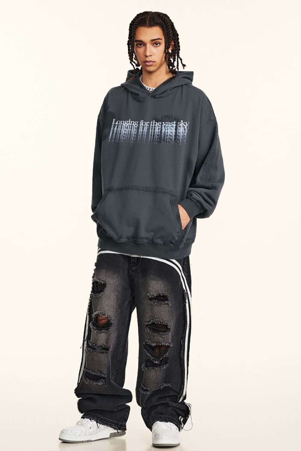High Street Drop Shoulder Hoodie with Loose Fit and Blurred Print for Couples