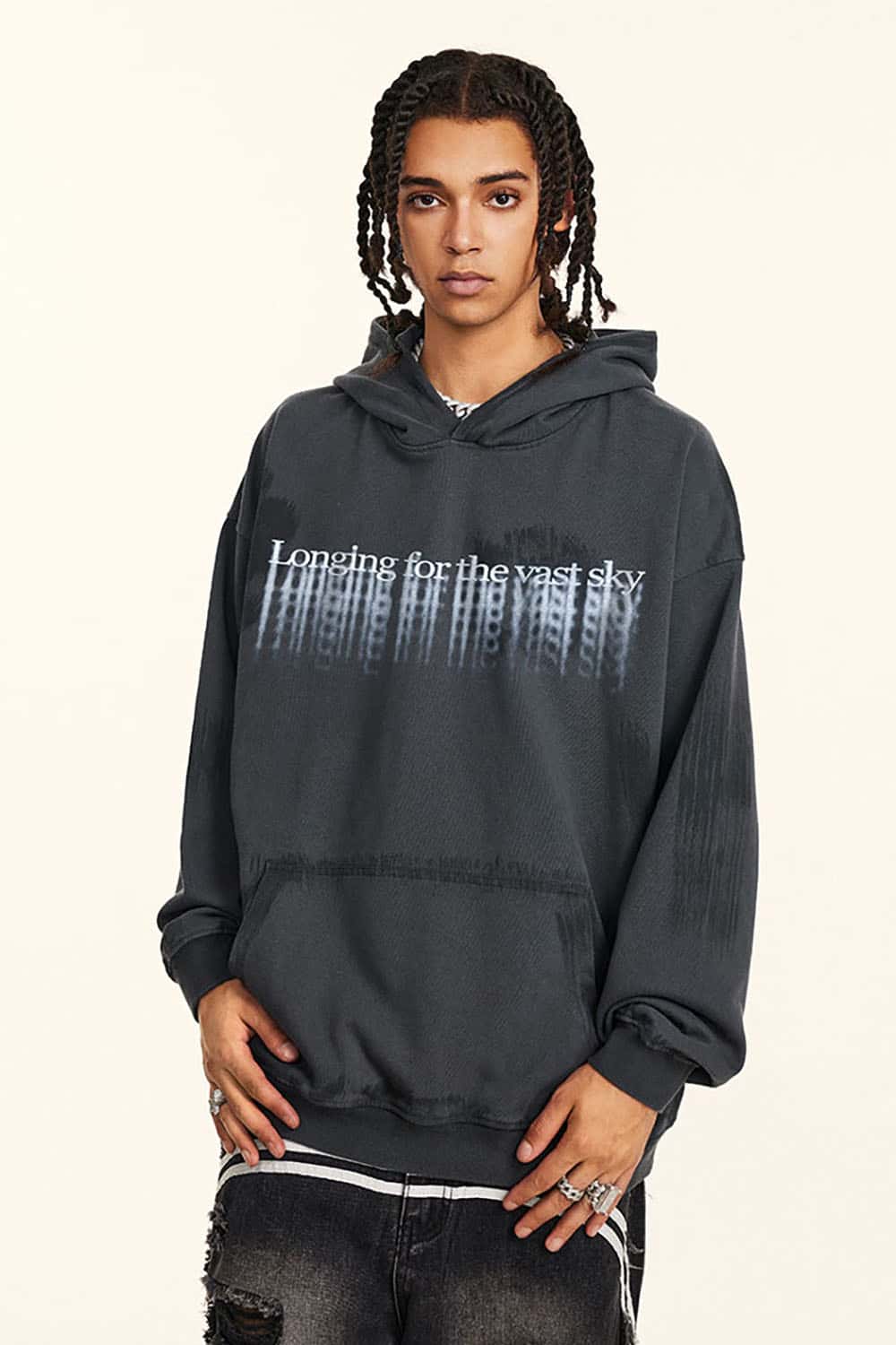 High Street Drop Shoulder Hoodie with Loose Fit and Blurred Print for Couples