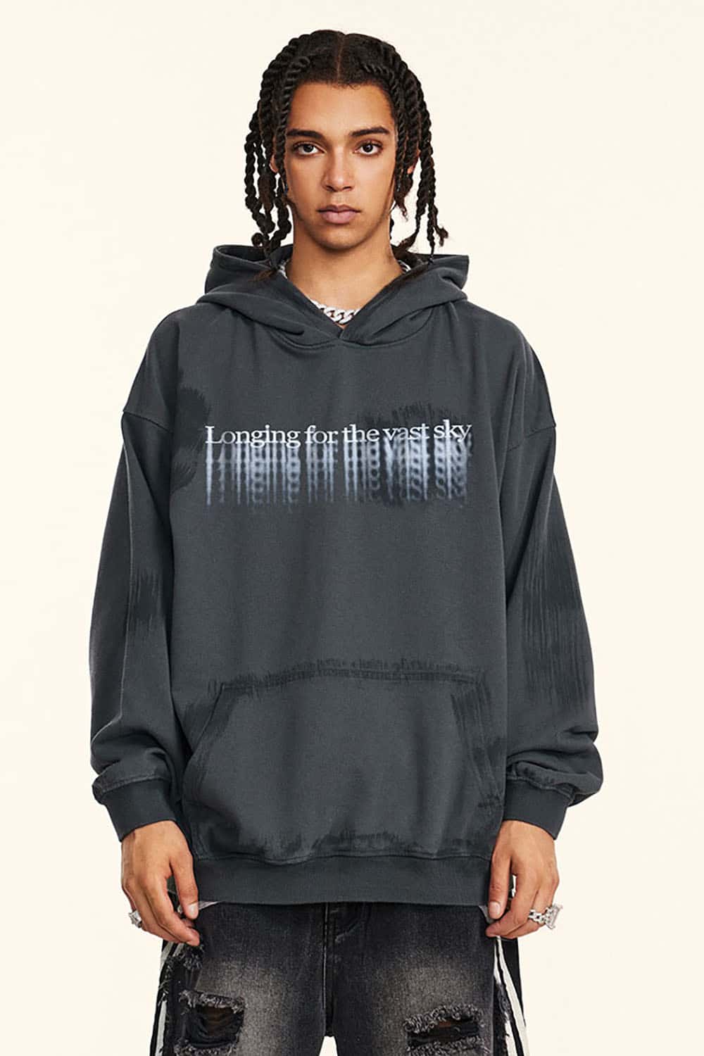 High Street Drop Shoulder Hoodie with Loose Fit and Blurred Print for Couples