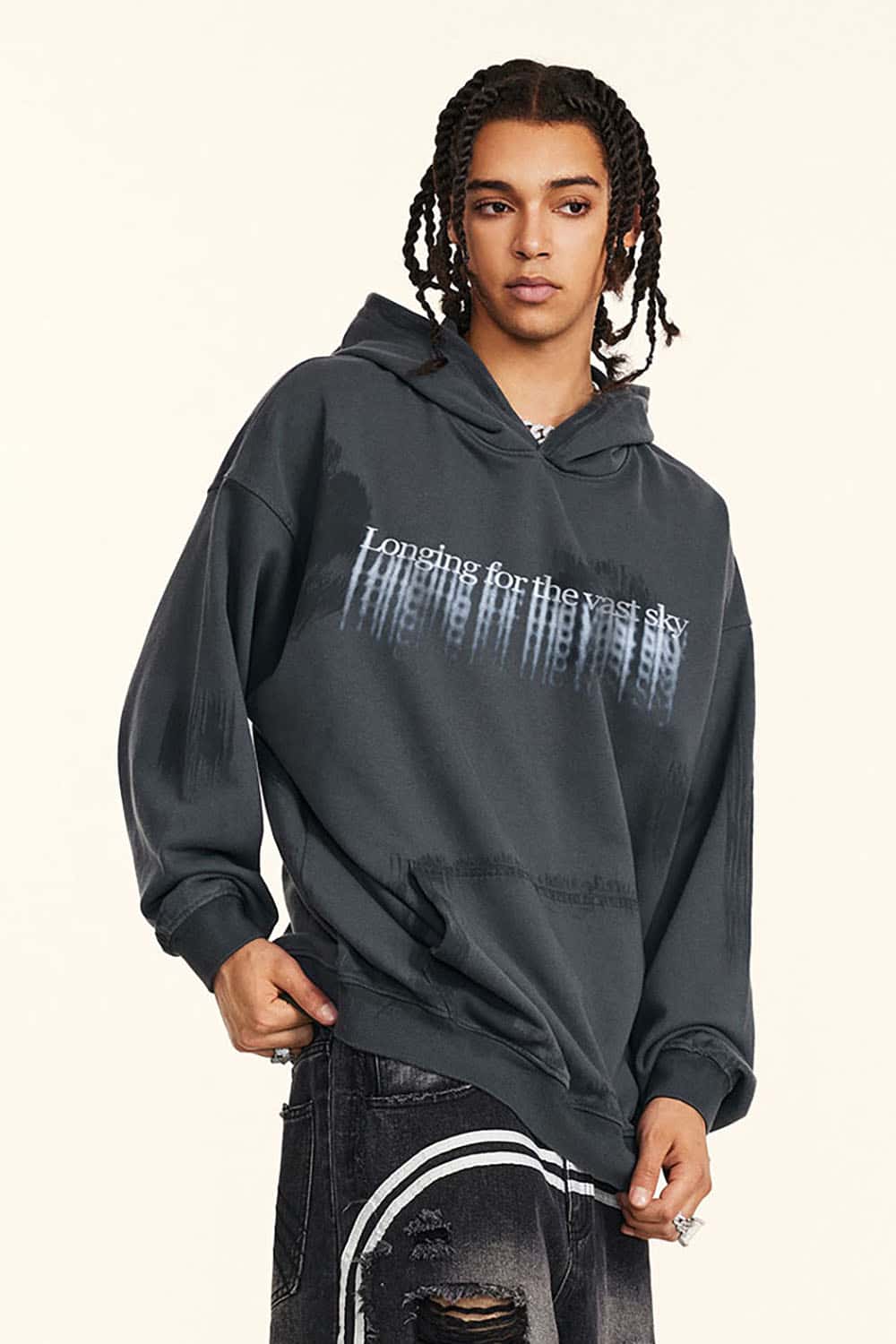 High Street Drop Shoulder Hoodie with Loose Fit and Blurred Print for Couples