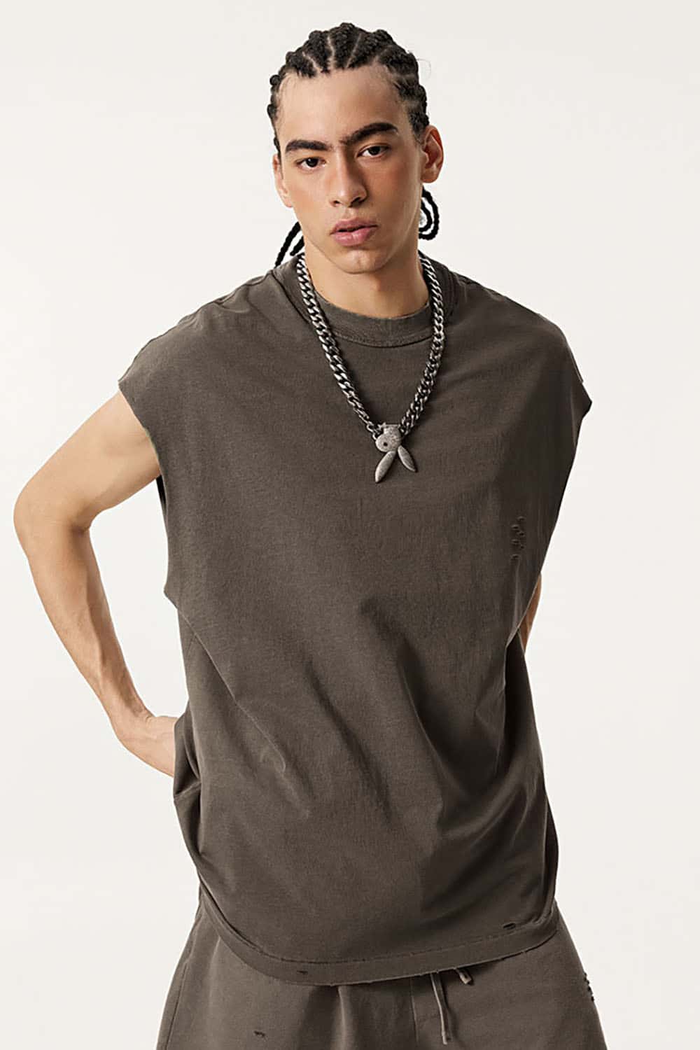 Distressed Cotton Sleeveless Gender-Neutral Tank Top with Raw Edges