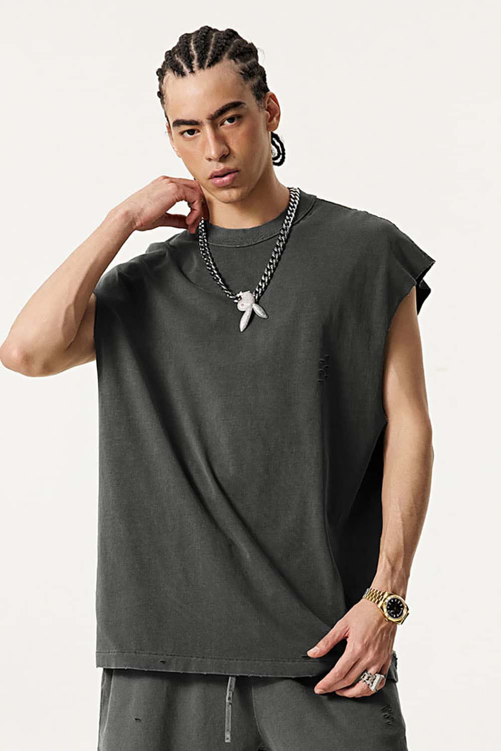 Distressed Cotton Sleeveless Gender-Neutral Tank Top with Raw Edges