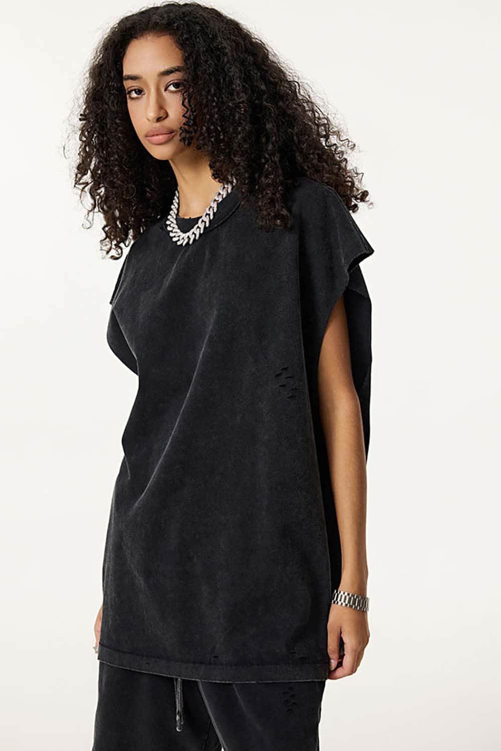 Distressed Cotton Sleeveless Gender-Neutral Tank Top with Raw Edges