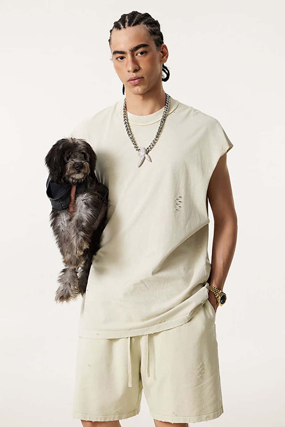 Distressed Cotton Sleeveless Gender-Neutral Tank Top with Raw Edges