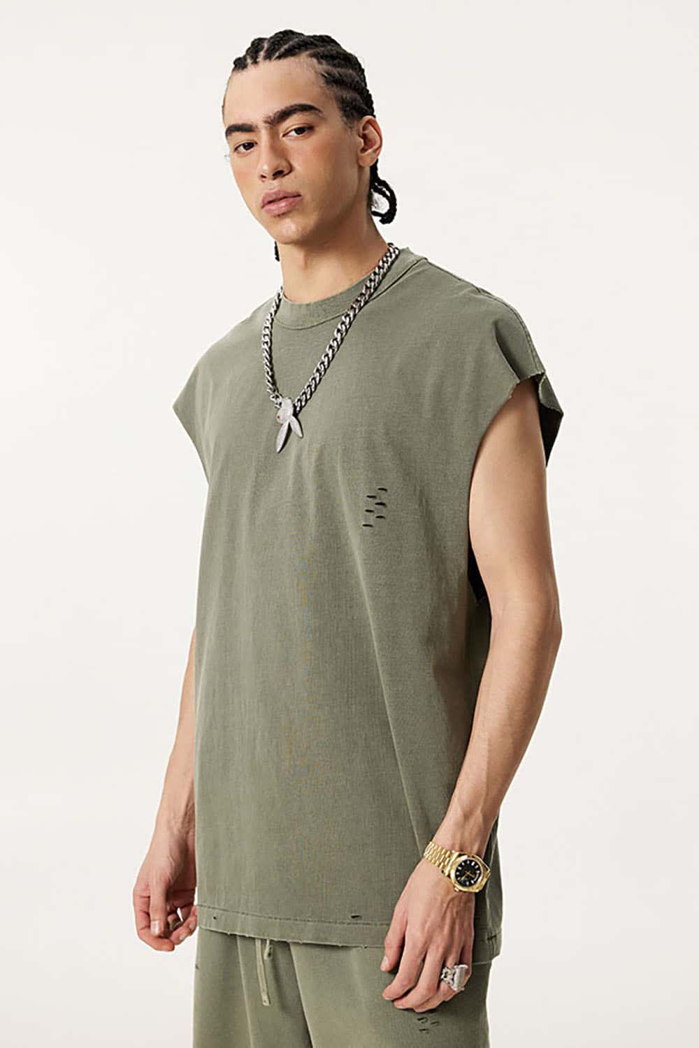 Distressed Cotton Sleeveless Gender-Neutral Tank Top with Raw Edges