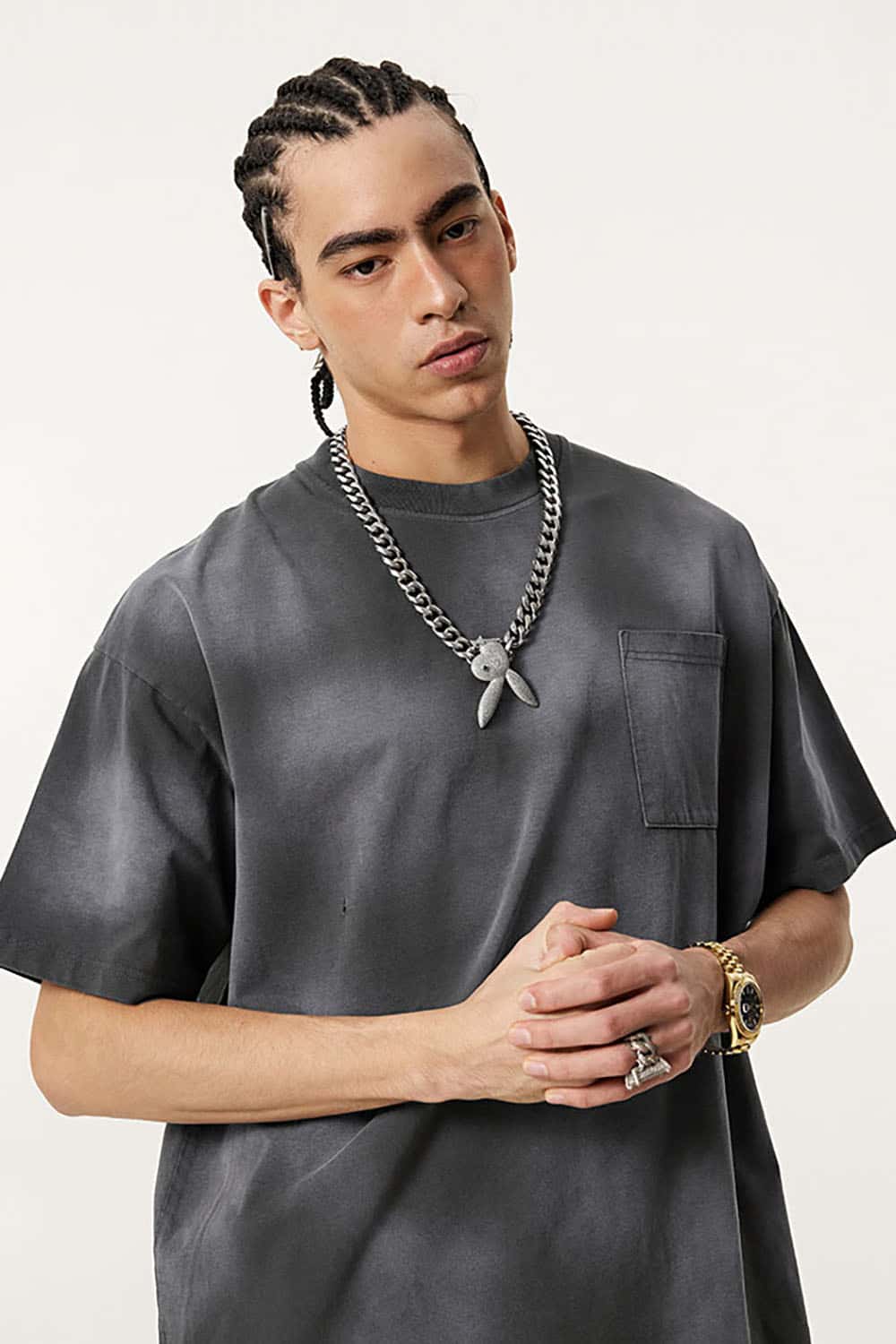 Vintage Distressed Tee with Dual Sheer Fabric and Patch Pocket