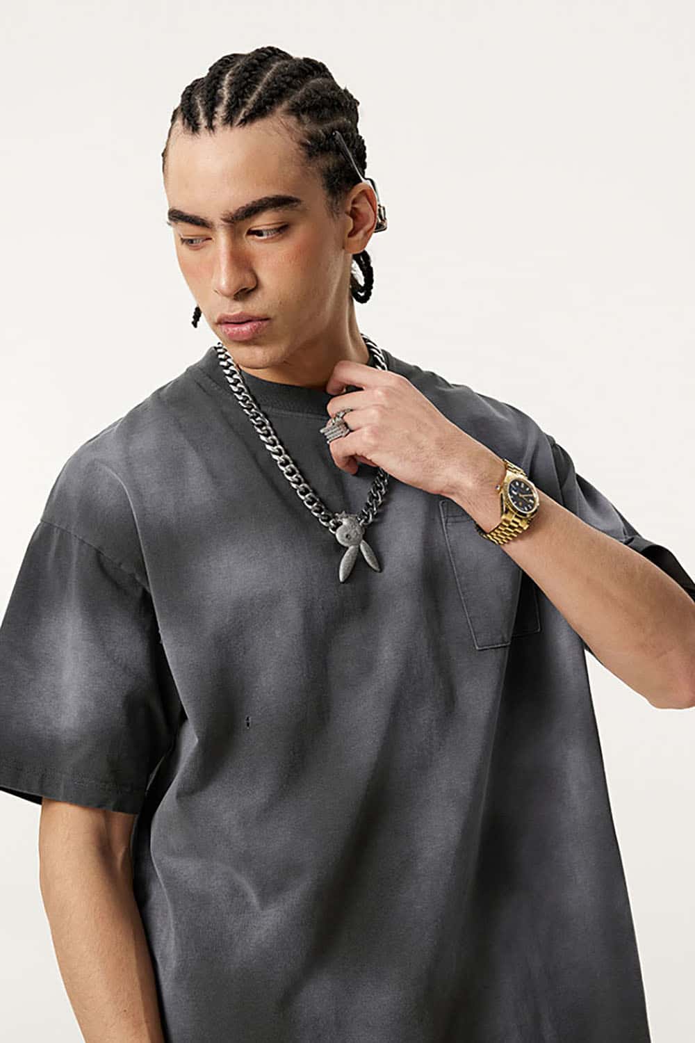 Vintage Distressed Tee with Dual Sheer Fabric and Patch Pocket