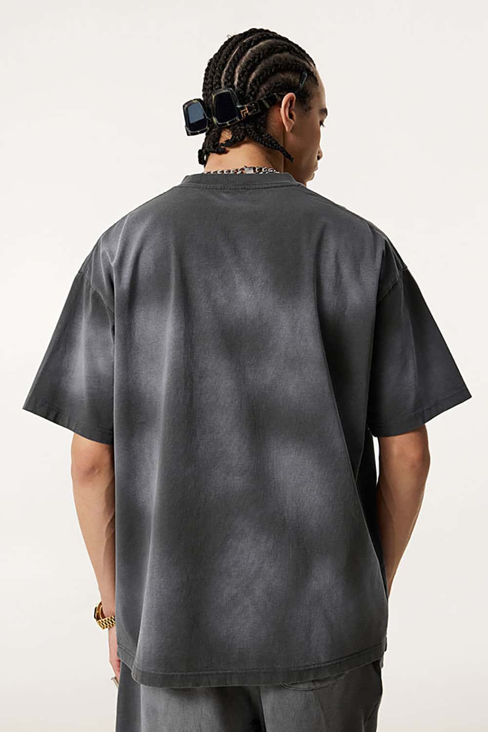 Vintage Distressed Tee with Dual Sheer Fabric and Patch Pocket