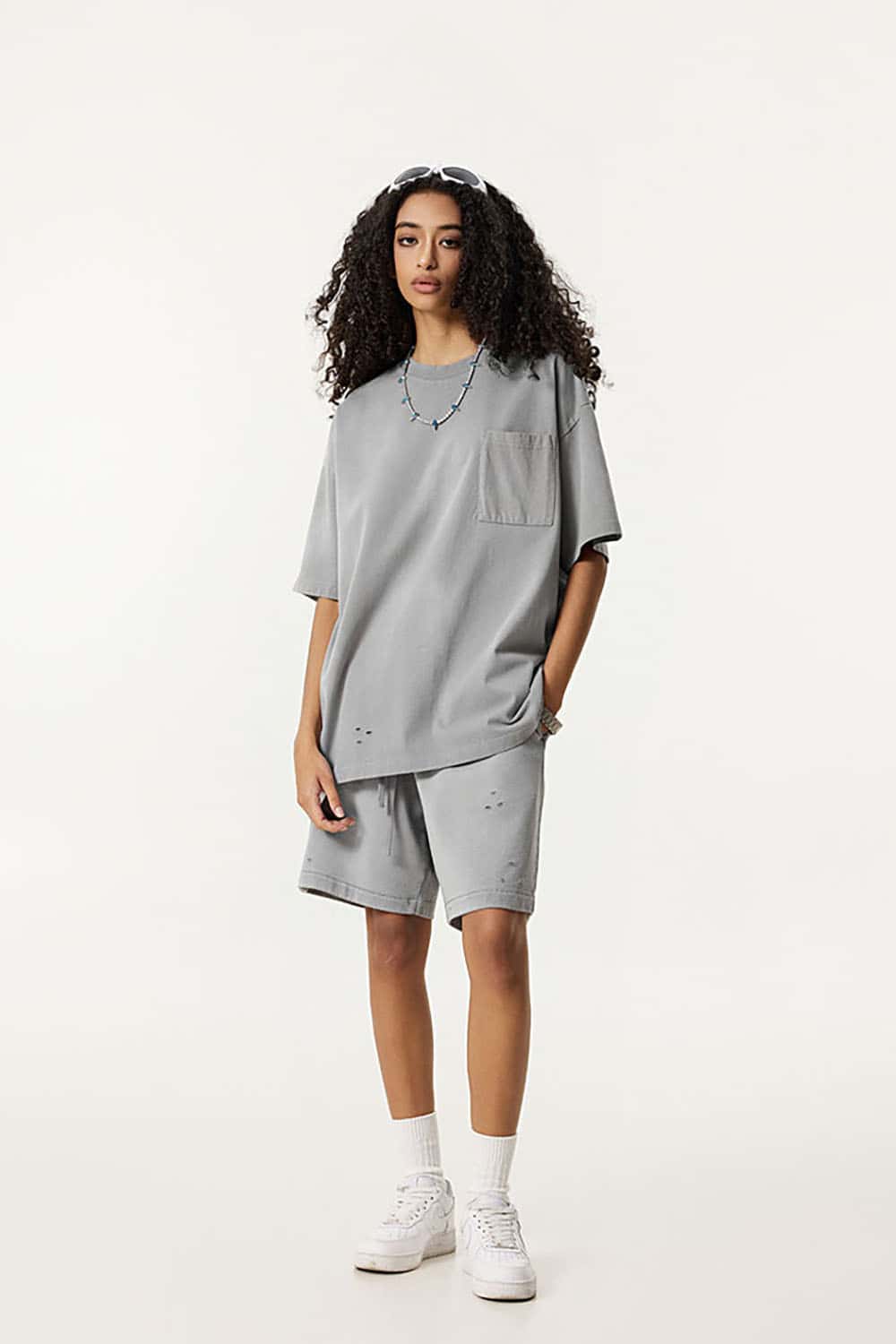 Vintage Distressed Tee with Dual Sheer Fabric and Patch Pocket