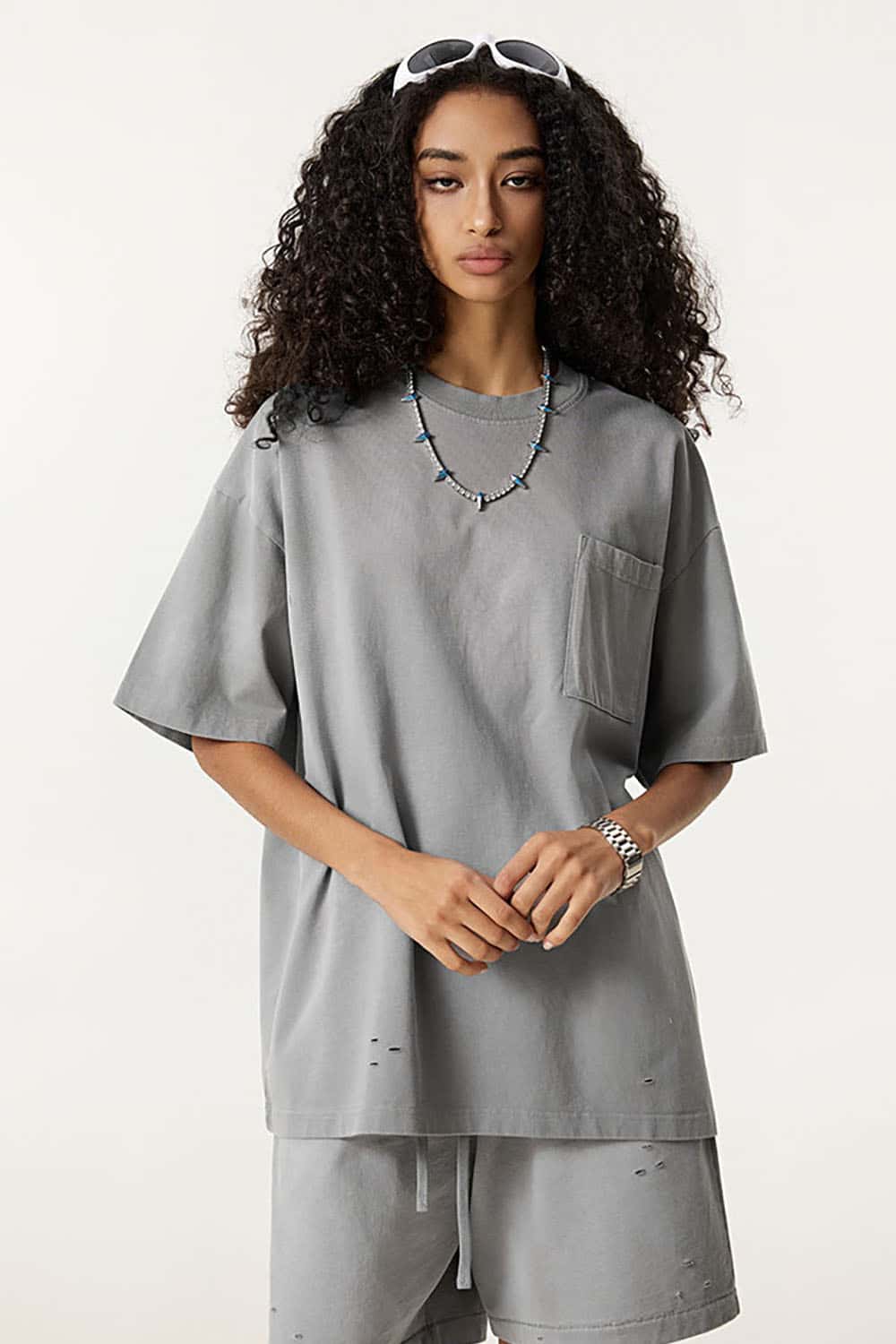 Vintage Distressed Tee with Dual Sheer Fabric and Patch Pocket