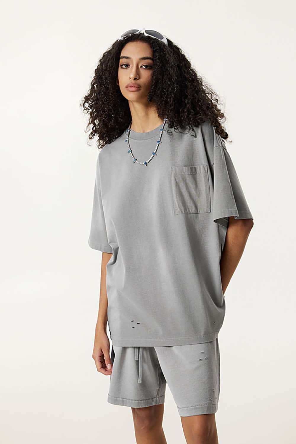 Vintage Distressed Tee with Dual Sheer Fabric and Patch Pocket