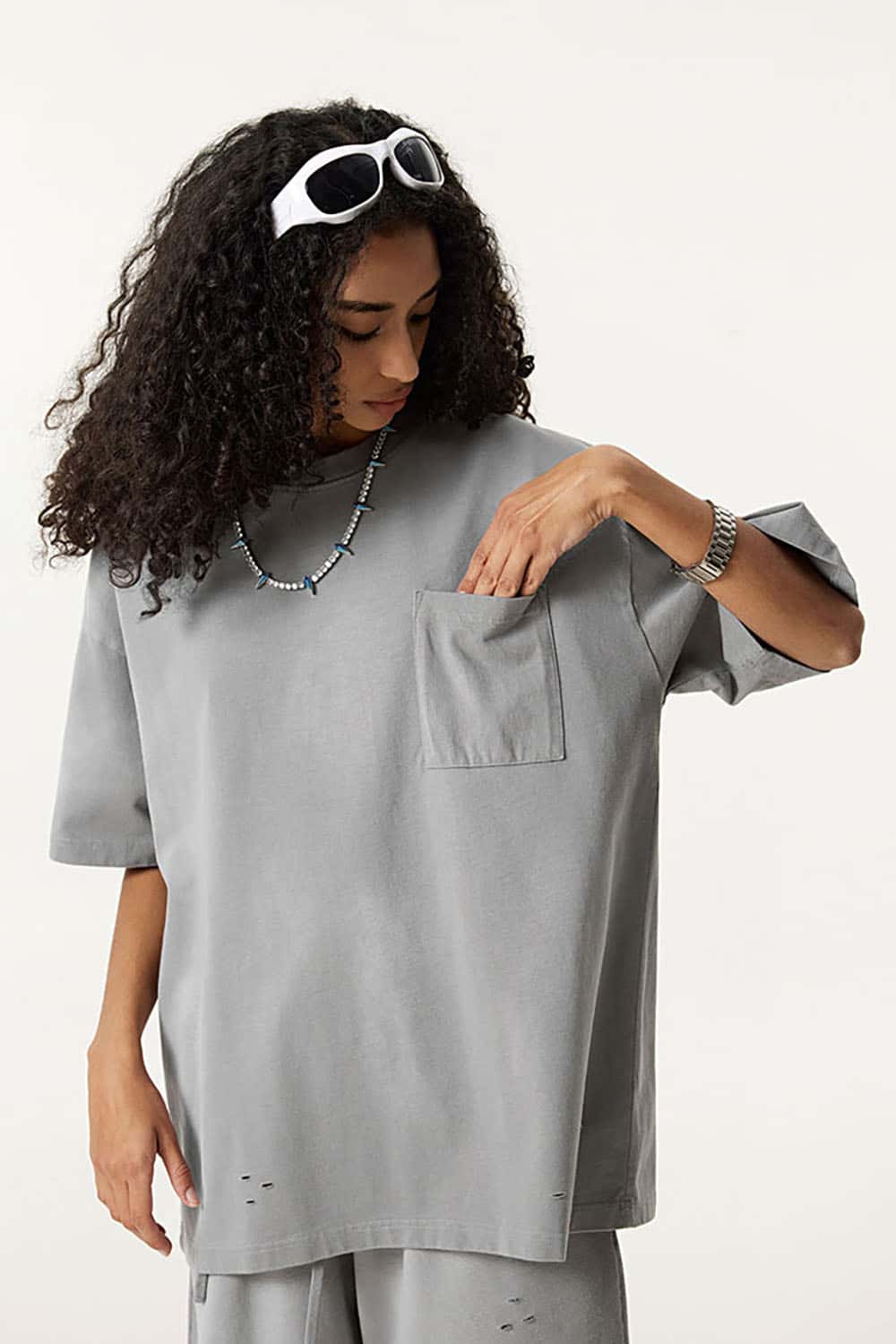 Vintage Distressed Tee with Dual Sheer Fabric and Patch Pocket