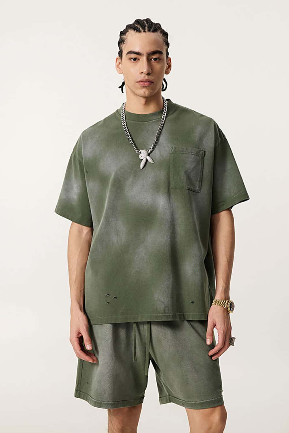 Vintage Distressed Tee with Dual Sheer Fabric and Patch Pocket
