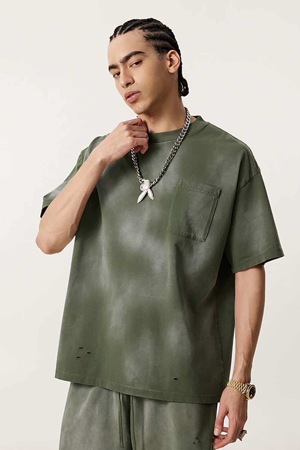 Vintage Distressed Tee with Dual Sheer Fabric and Patch Pocket