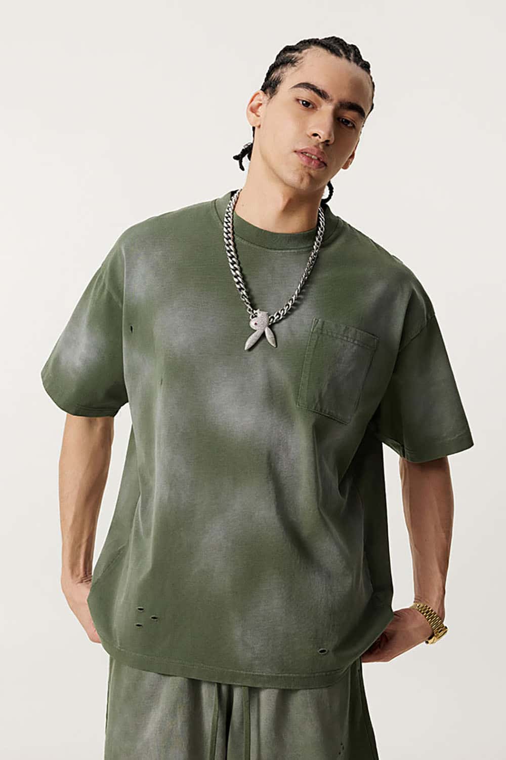 Vintage Distressed Tee with Dual Sheer Fabric and Patch Pocket