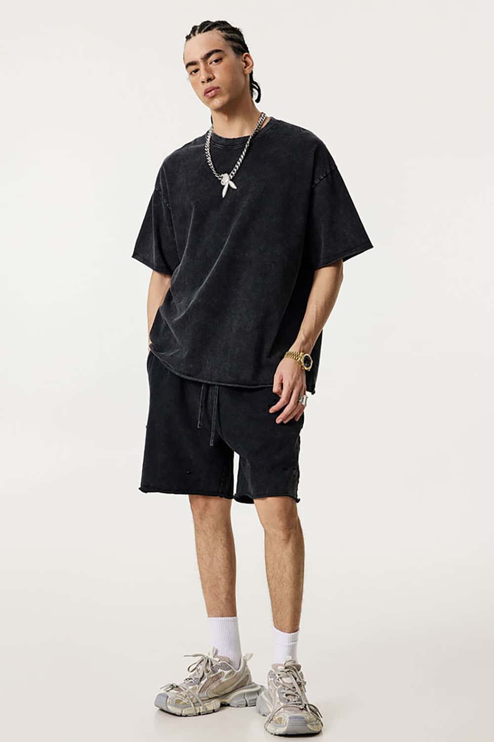 Wax-Dyed Washed T-Shirt with Loose Fit and Vintage Raw Edges