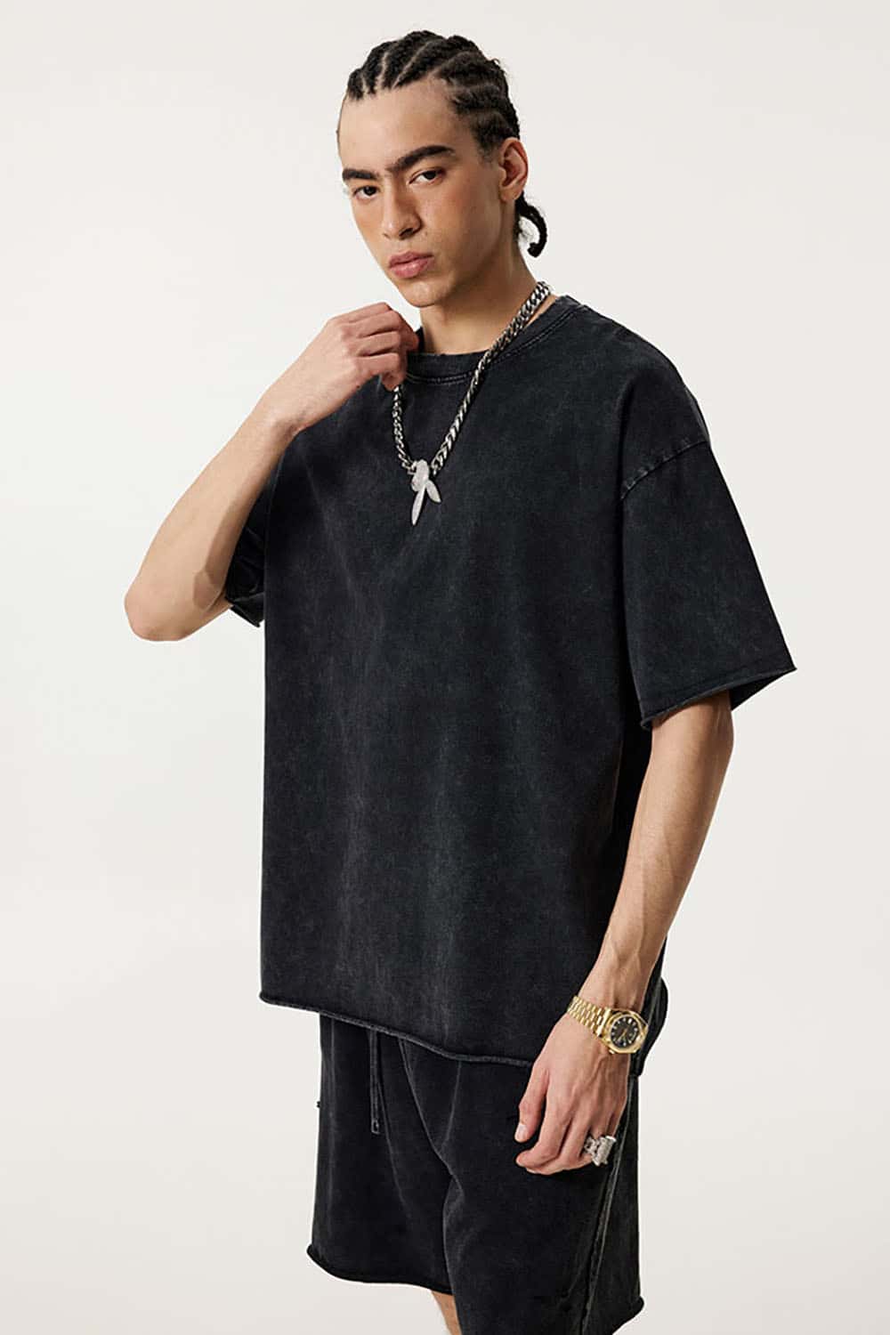 Wax-Dyed Washed T-Shirt with Loose Fit and Vintage Raw Edges