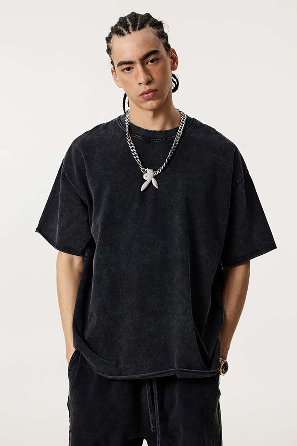 Wax-Dyed Washed T-Shirt with Loose Fit and Vintage Raw Edges