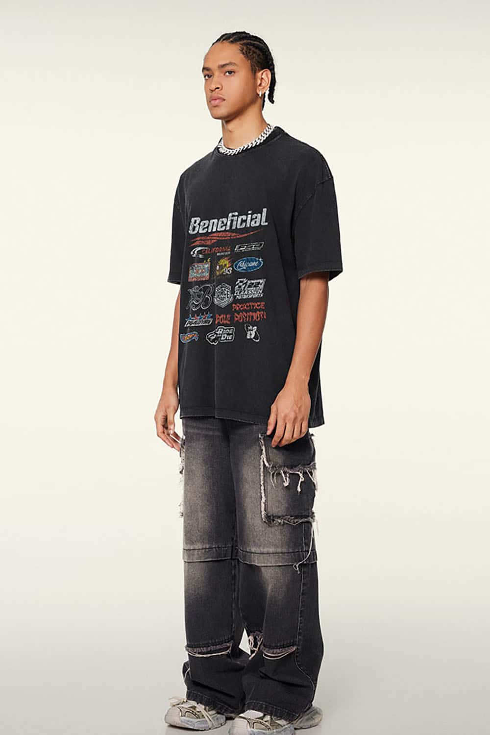 High Street Distressed Wash Loose-Fit T-Shirt with Racing Logo Graphics