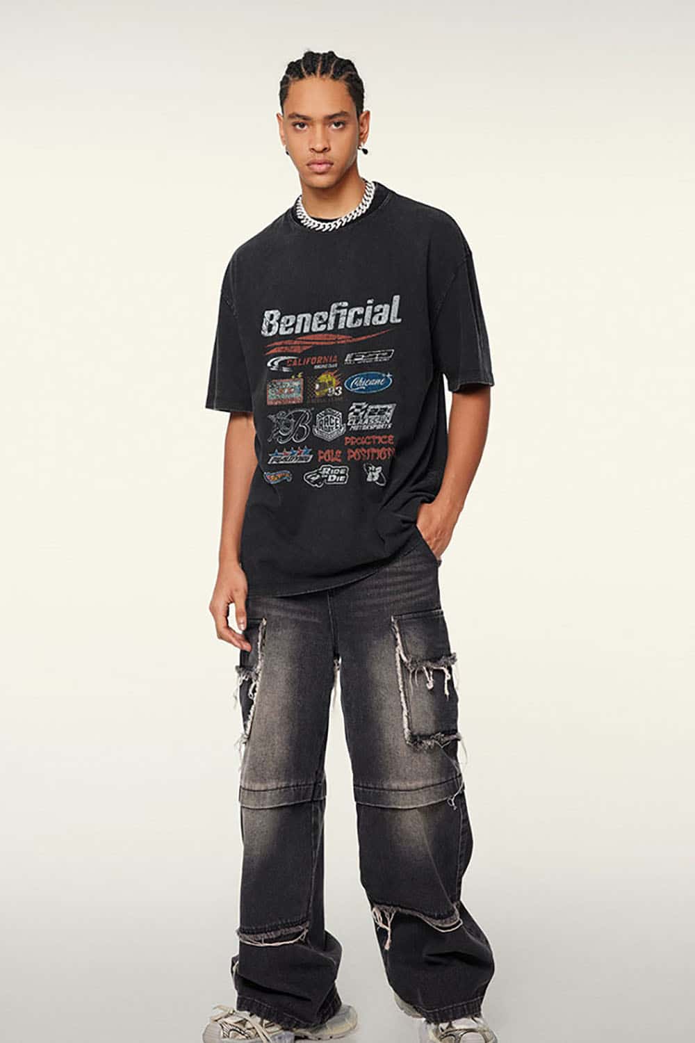 High Street Distressed Wash Loose-Fit T-Shirt with Racing Logo Graphics