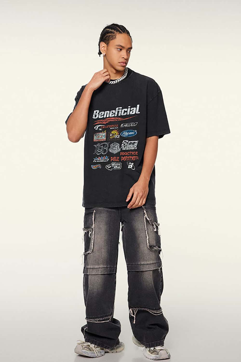 High Street Distressed Wash Loose-Fit T-Shirt with Racing Logo Graphics