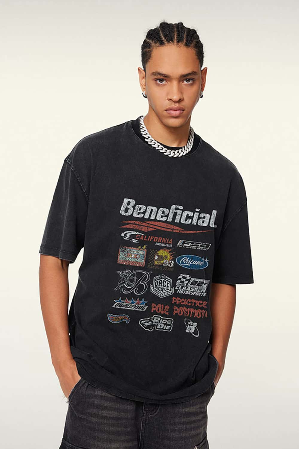 High Street Distressed Wash Loose-Fit T-Shirt with Racing Logo Graphics