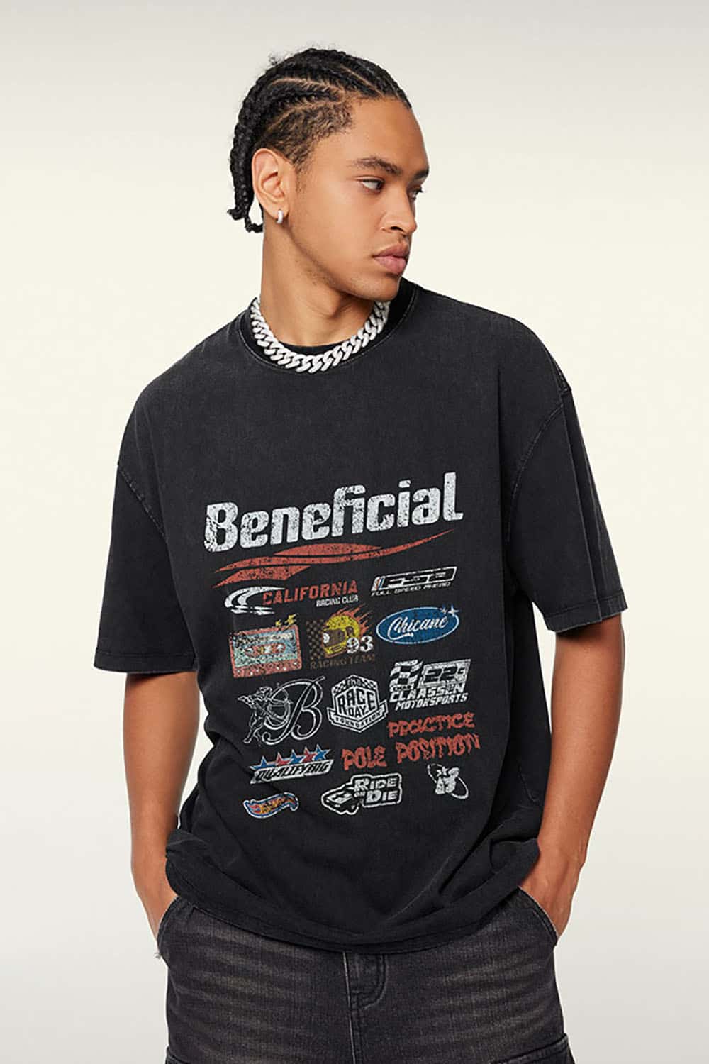 High Street Distressed Wash Loose-Fit T-Shirt with Racing Logo Graphics