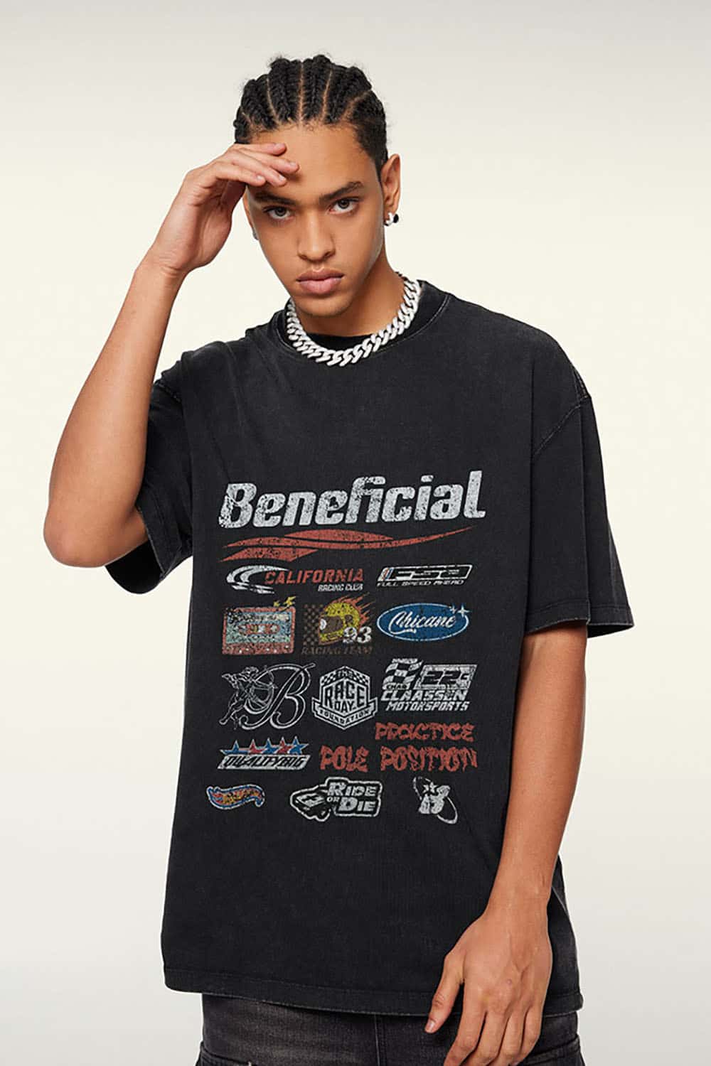 High Street Distressed Wash Loose-Fit T-Shirt with Racing Logo Graphics