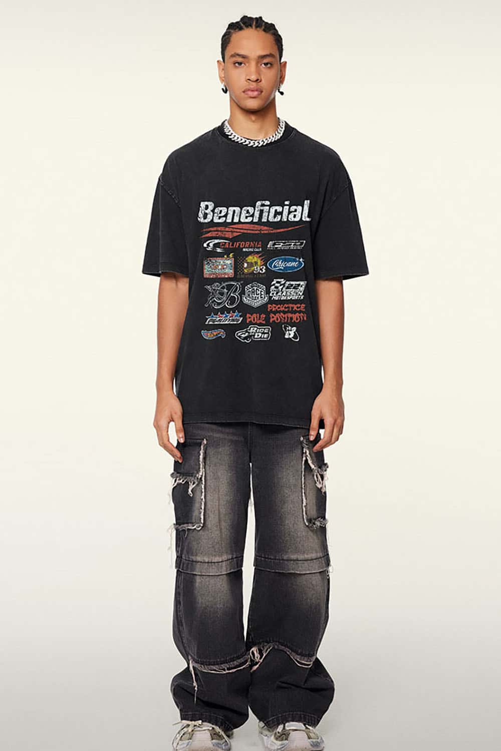High Street Distressed Wash Loose-Fit T-Shirt with Racing Logo Graphics