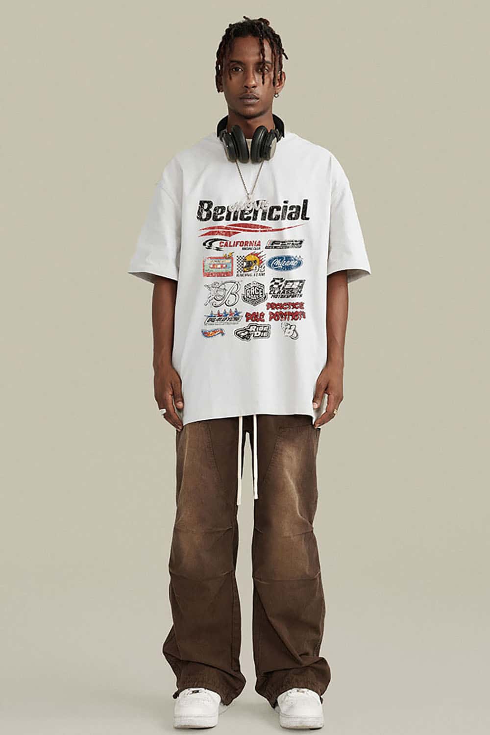 High Street Distressed Wash Loose-Fit T-Shirt with Racing Logo Graphics